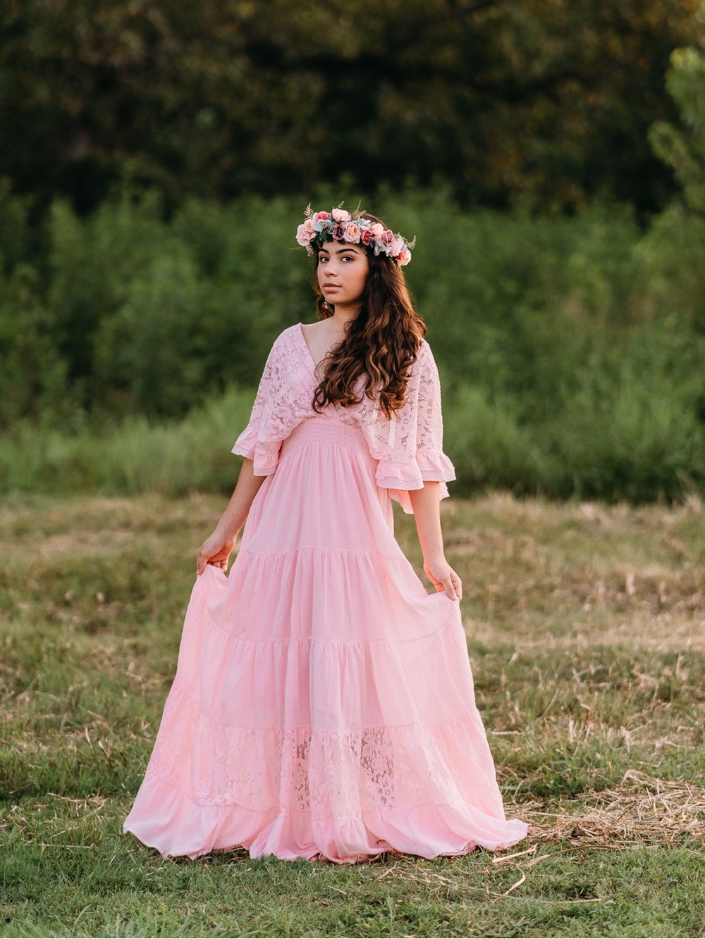 Fairycore Boho Festival Light Pink Summer Beach Maxi Dress Cotton Lace Sz S